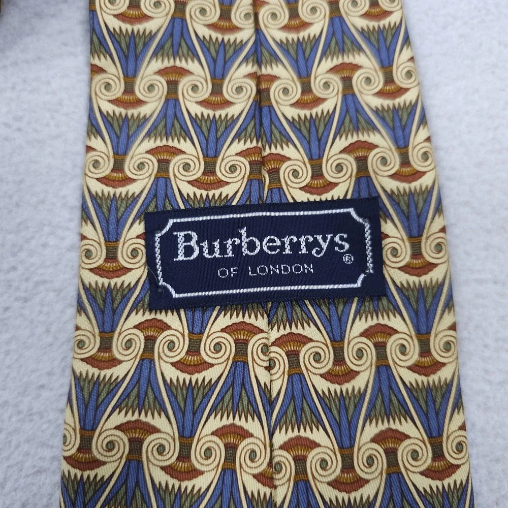 VINTAGE Burberrys Tie Mens Silk Blue Gold Geometric Pattern Egyptian 90s USA